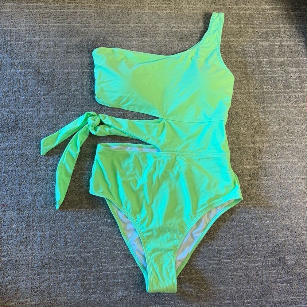 Minty Bright Green Tie Waist One Shoulder Cutout Monokini Swimsuit XL NWOT
